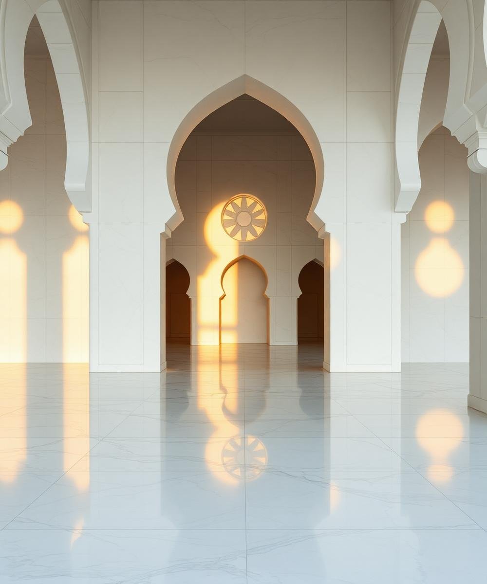 White marble arches of a mosque courtyard lit by dawn light