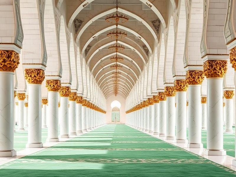 White marble colonnade inside a grand mosque in Madinah
