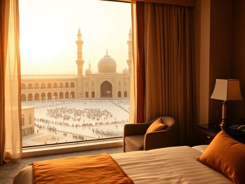 Hotel room in Makkah at dawn overlooking the Grand Mosque courtyard