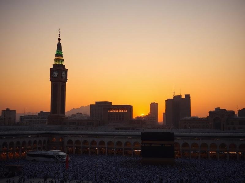 Makkah skyline with the clock tower and Grand Mosque at golden hour